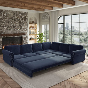 English Elm 118 Inch Oversized Chenille Sectional Sleeper Sofa with Nailhead Trim for Living Room W1885S00369