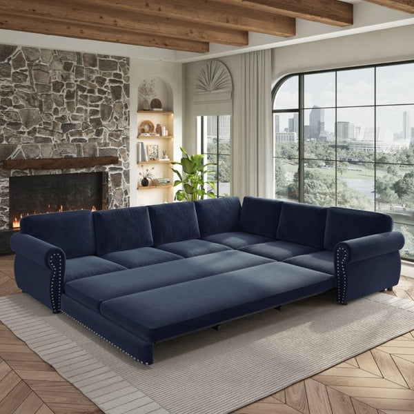English Elm 118 Inch Oversized Chenille Sectional Sleeper Sofa with Nailhead Trim for Living Room W1885S00369