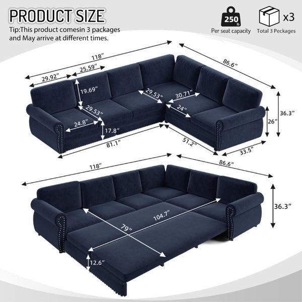 English Elm 118 Inch Oversized Chenille Sectional Sleeper Sofa with Nailhead Trim for Living Room W1885S00369