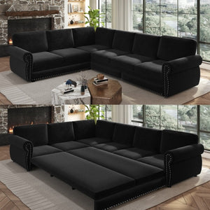 English Elm 118 Inch Oversized Chenille Sleeper Sectional with Nailhead Trim for Living Rooms W1885S00405