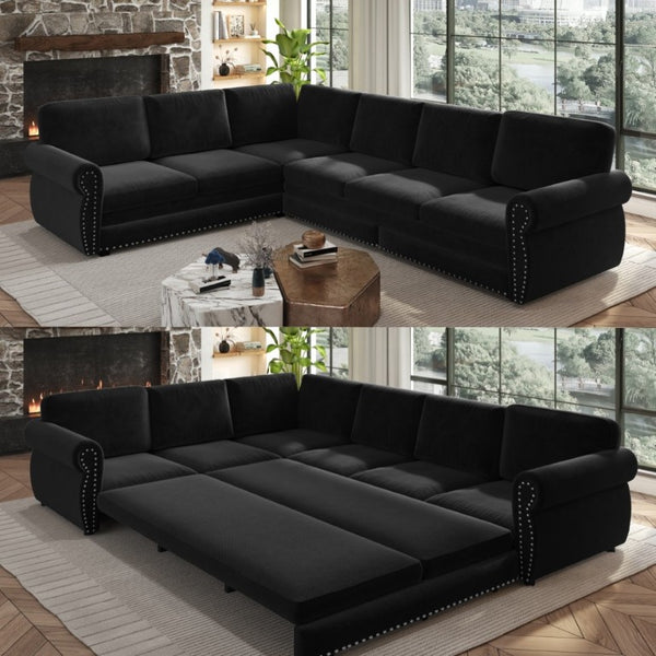 English Elm 118 Inch Oversized Chenille Sleeper Sectional with Nailhead Trim for Living Rooms W1885S00405