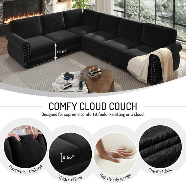 English Elm 118 Inch Oversized Chenille Sleeper Sectional with Nailhead Trim for Living Rooms W1885S00405