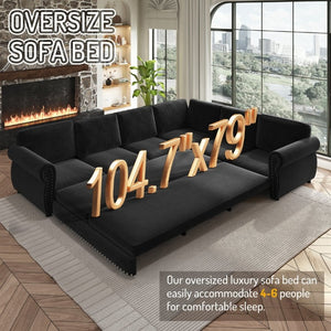 English Elm 118 Inch Oversized Chenille Sleeper Sectional with Nailhead Trim for Living Rooms W1885S00405