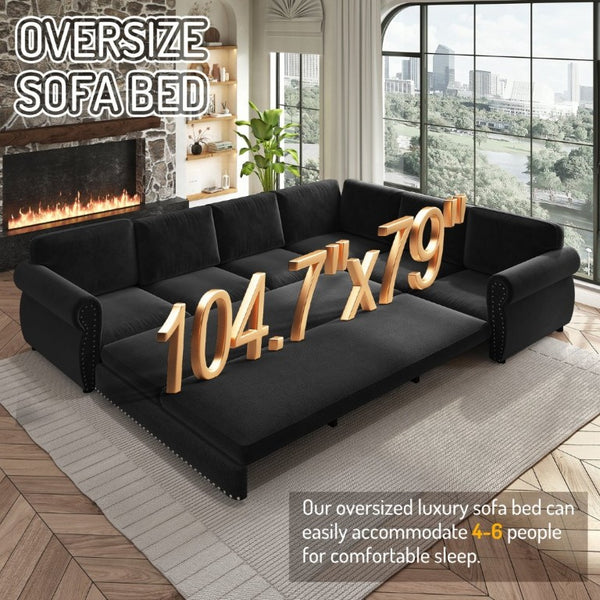 English Elm 118 Inch Oversized Chenille Sleeper Sectional with Nailhead Trim for Living Rooms W1885S00405