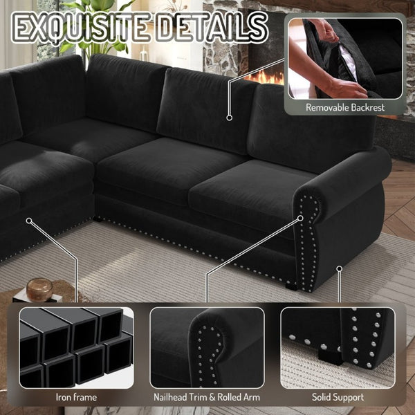 English Elm 118 Inch Oversized Chenille Sleeper Sectional with Nailhead Trim for Living Rooms W1885S00405