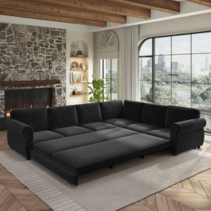 English Elm 118 Inch Oversized Chenille Sleeper Sectional with Nailhead Trim for Living Rooms W1885S00405