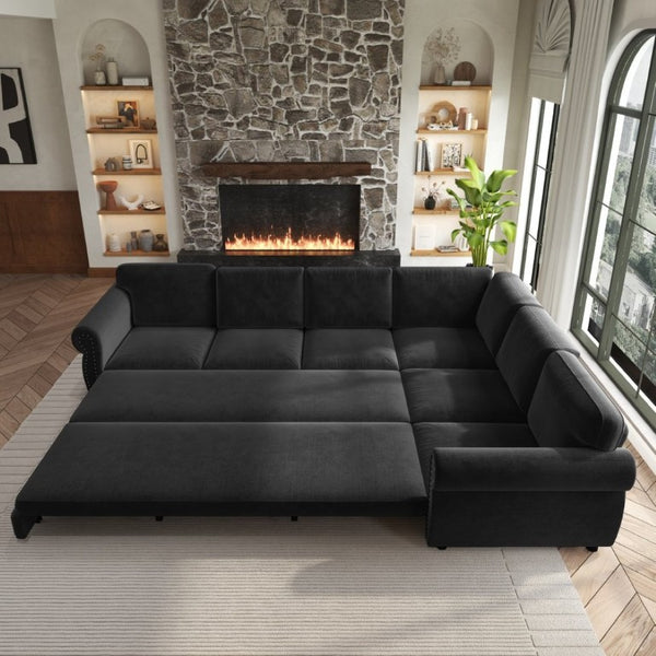 English Elm 118 Inch Oversized Chenille Sleeper Sectional with Nailhead Trim for Living Rooms W1885S00405