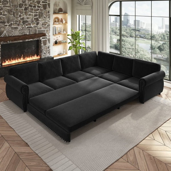 English Elm 118 Inch Oversized Chenille Sleeper Sectional with Nailhead Trim for Living Rooms W1885S00405