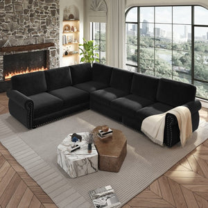 English Elm 118 Inch Oversized Chenille Sleeper Sectional with Nailhead Trim for Living Rooms W1885S00405