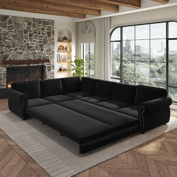 English Elm 118 Inch Oversized Chenille Sleeper Sectional with Nailhead Trim for Living Rooms W1885S00405