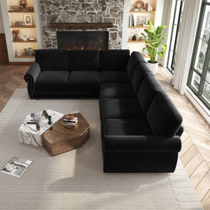 English Elm 118 Inch Oversized Chenille Sleeper Sectional with Nailhead Trim for Living Rooms W1885S00405