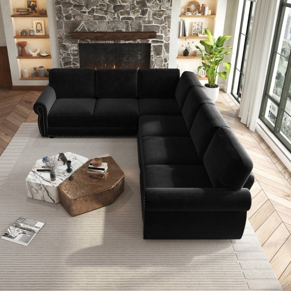 English Elm 118 Inch Oversized Chenille Sleeper Sectional with Nailhead Trim for Living Rooms W1885S00405