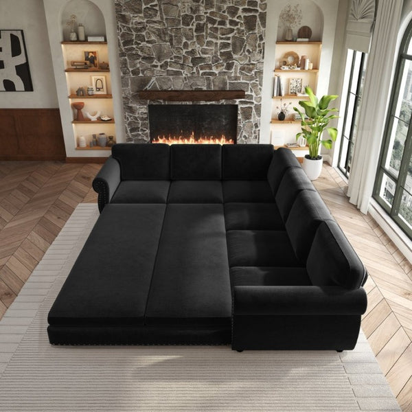 English Elm 118 Inch Oversized Chenille Sleeper Sectional with Nailhead Trim for Living Rooms W1885S00405
