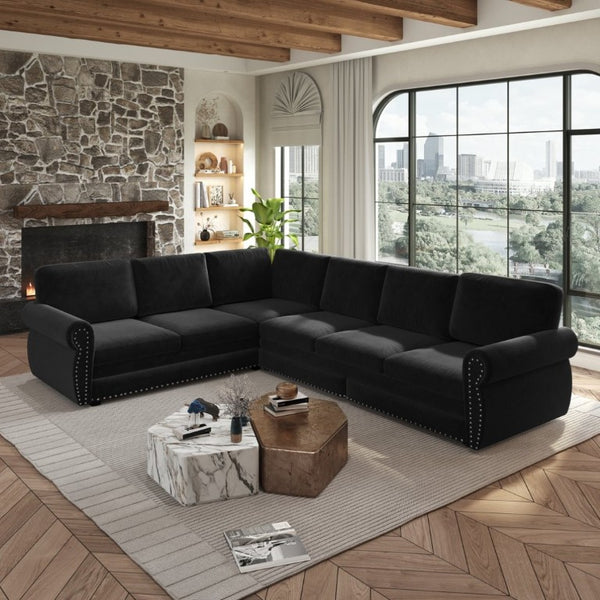 English Elm 118 Inch Oversized Chenille Sleeper Sectional with Nailhead Trim for Living Rooms W1885S00405