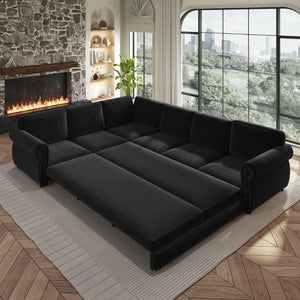 English Elm 118 Inch Oversized Chenille Sleeper Sectional with Nailhead Trim for Living Rooms W1885S00405