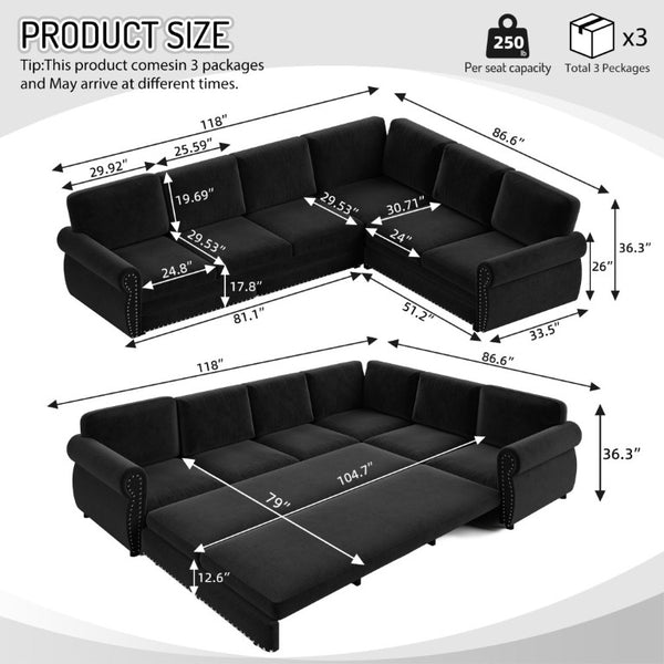English Elm 118 Inch Oversized Chenille Sleeper Sectional with Nailhead Trim for Living Rooms W1885S00405