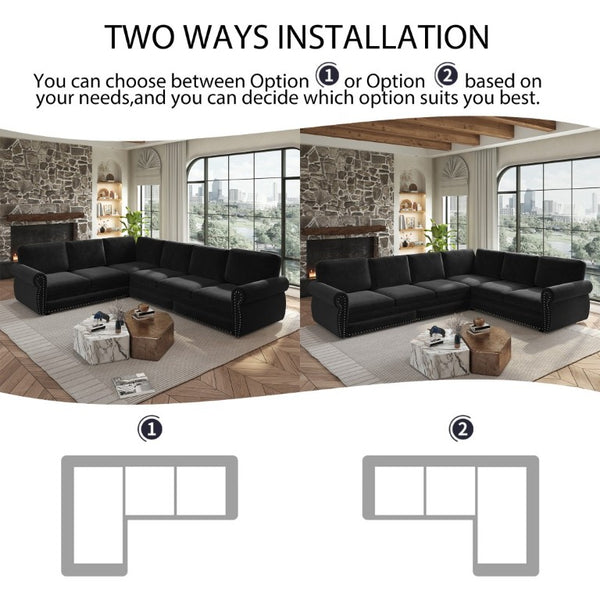 English Elm 118 Inch Oversized Chenille Sleeper Sectional with Nailhead Trim for Living Rooms W1885S00405