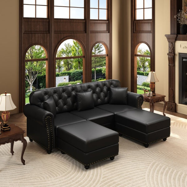 English Elm 82.6Upholstered Faux Leather Chesterfield Sofa Button Tufted Nailhead Mid-Century Living Room Black W1885S00428