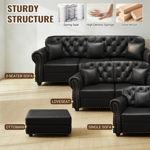 English Elm 82.6Upholstered Faux Leather Chesterfield Sofa Button Tufted Nailhead Mid-Century Living Room Black W1885S00428