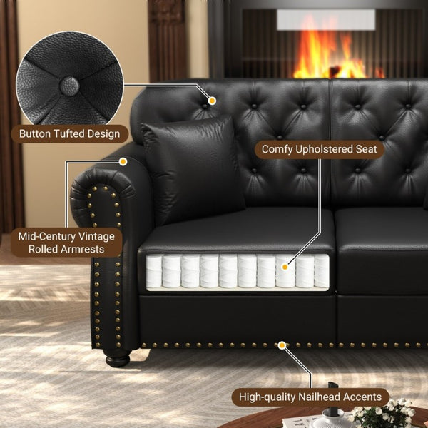 English Elm 82.6Upholstered Faux Leather Chesterfield Sofa Button Tufted Nailhead Mid-Century Living Room Black W1885S00428