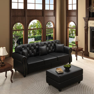 English Elm 82.6Upholstered Faux Leather Chesterfield Sofa Button Tufted Nailhead Mid-Century Living Room Black W1885S00428