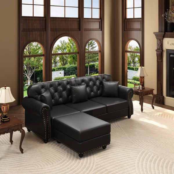 English Elm 82.6Upholstered Faux Leather Chesterfield Sofa Button Tufted Nailhead Mid-Century Living Room Black W1885S00428