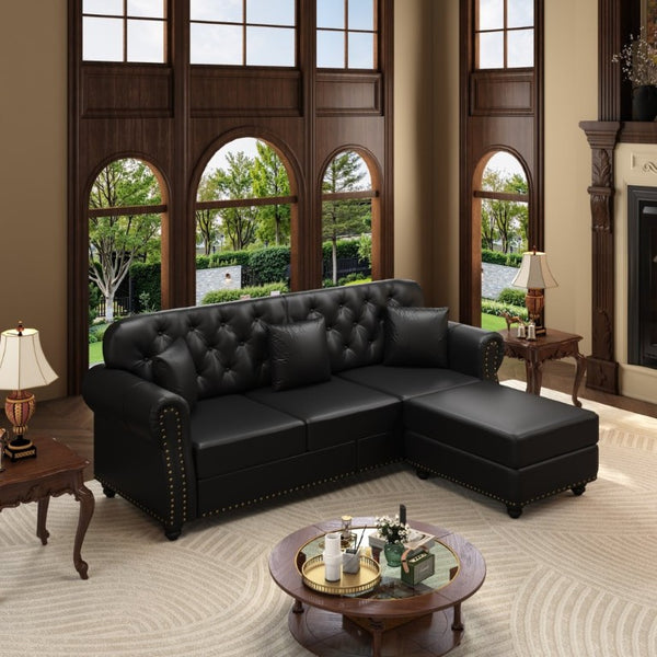 English Elm 82.6Upholstered Faux Leather Chesterfield Sofa Button Tufted Nailhead Mid-Century Living Room Black W1885S00428
