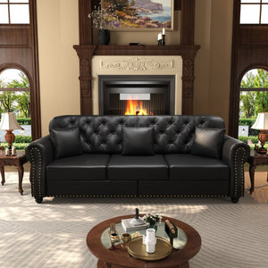 English Elm 82.6Upholstered Faux Leather Chesterfield Sofa Button Tufted Nailhead Mid-Century Living Room Black W1885S00428