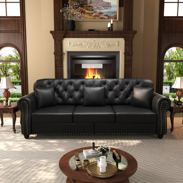 English Elm 82.6Upholstered Faux Leather Chesterfield Sofa Button Tufted Nailhead Mid-Century Living Room Black W1885S00428