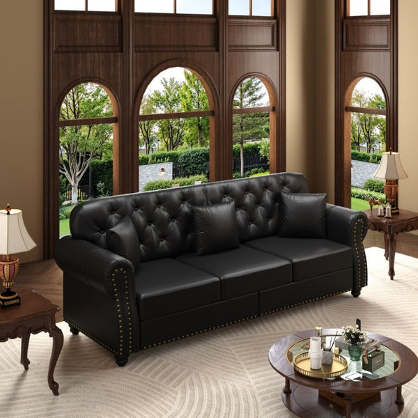 English Elm 82.6Upholstered Faux Leather Chesterfield Sofa Button Tufted Nailhead Mid-Century Living Room Black W1885S00428