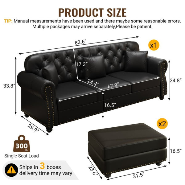 English Elm 82.6Upholstered Faux Leather Chesterfield Sofa Button Tufted Nailhead Mid-Century Living Room Black W1885S00428
