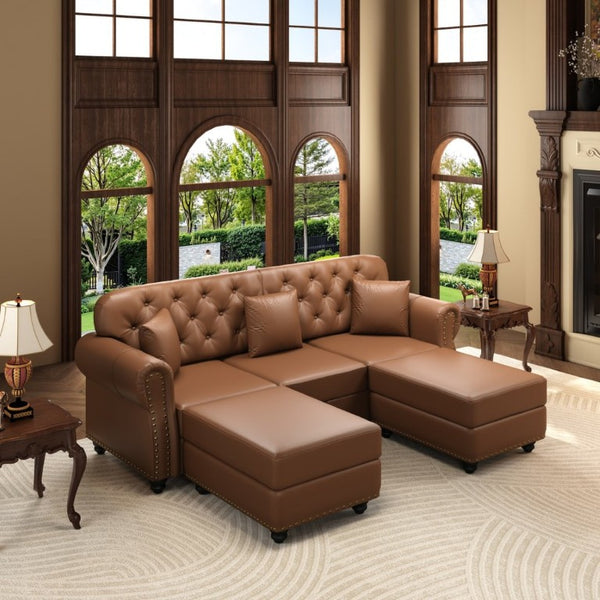 English Elm 82.6Upholstered Faux Leather Chesterfield Sofa Button Tufted Nailhead Mid-Century Living Room Brown W1885S00429