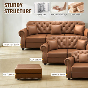 English Elm 82.6Upholstered Faux Leather Chesterfield Sofa Button Tufted Nailhead Mid-Century Living Room Brown W1885S00429