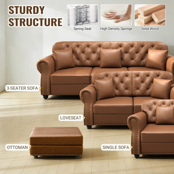 English Elm 82.6Upholstered Faux Leather Chesterfield Sofa Button Tufted Nailhead Mid-Century Living Room Brown W1885S00429