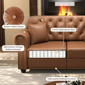 English Elm 82.6Upholstered Faux Leather Chesterfield Sofa Button Tufted Nailhead Mid-Century Living Room Brown W1885S00429