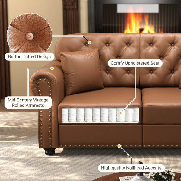English Elm 82.6Upholstered Faux Leather Chesterfield Sofa Button Tufted Nailhead Mid-Century Living Room Brown W1885S00429