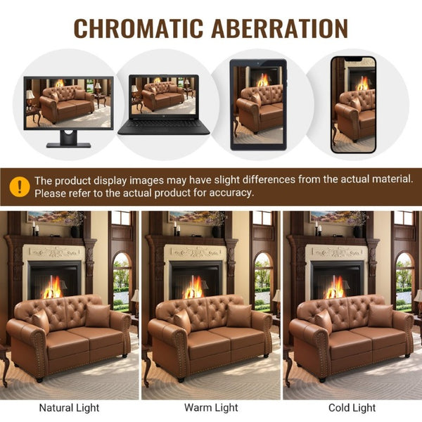 English Elm 82.6Upholstered Faux Leather Chesterfield Sofa Button Tufted Nailhead Mid-Century Living Room Brown W1885S00429