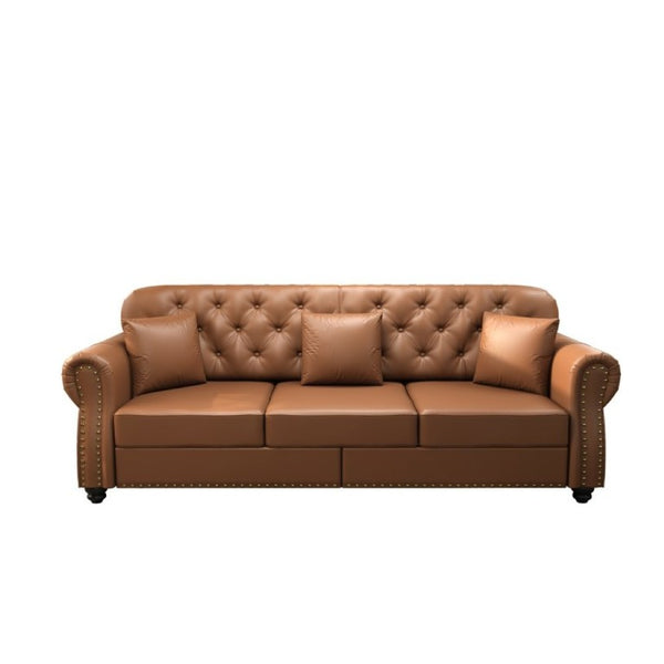 English Elm 82.6Upholstered Faux Leather Chesterfield Sofa Button Tufted Nailhead Mid-Century Living Room Brown W1885S00429