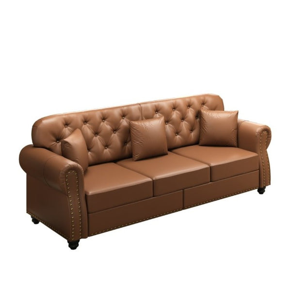 English Elm 82.6Upholstered Faux Leather Chesterfield Sofa Button Tufted Nailhead Mid-Century Living Room Brown W1885S00429