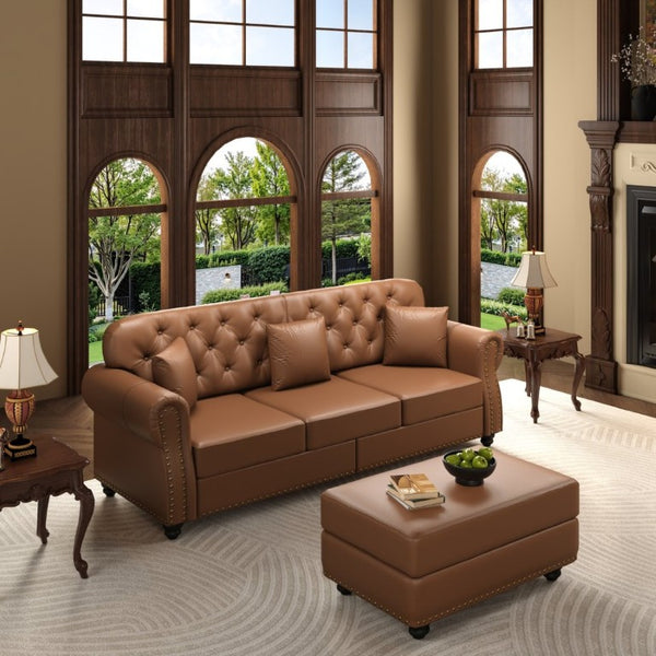 English Elm 82.6Upholstered Faux Leather Chesterfield Sofa Button Tufted Nailhead Mid-Century Living Room Brown W1885S00429