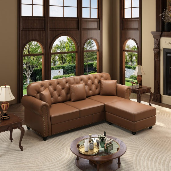 English Elm 82.6Upholstered Faux Leather Chesterfield Sofa Button Tufted Nailhead Mid-Century Living Room Brown W1885S00429