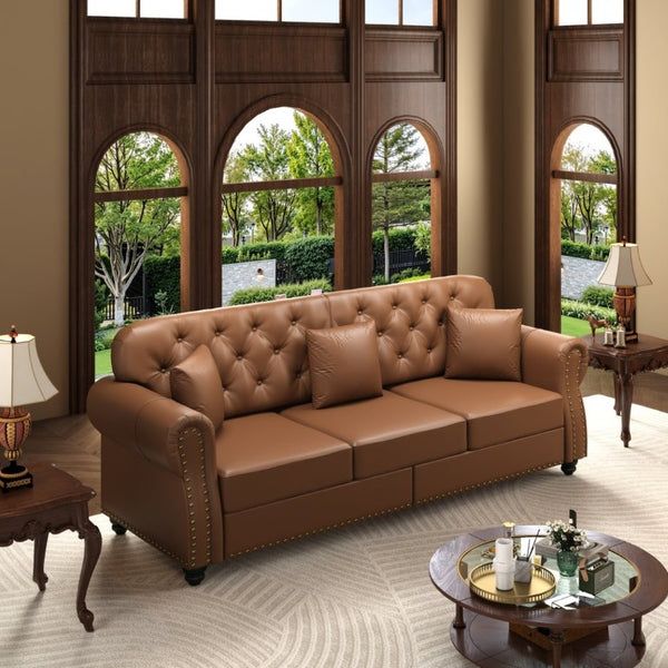 English Elm 82.6Upholstered Faux Leather Chesterfield Sofa Button Tufted Nailhead Mid-Century Living Room Brown W1885S00429