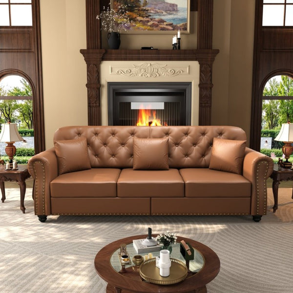 English Elm 82.6Upholstered Faux Leather Chesterfield Sofa Button Tufted Nailhead Mid-Century Living Room Brown W1885S00429
