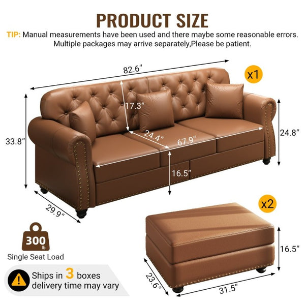 English Elm 82.6Upholstered Faux Leather Chesterfield Sofa Button Tufted Nailhead Mid-Century Living Room Brown W1885S00429