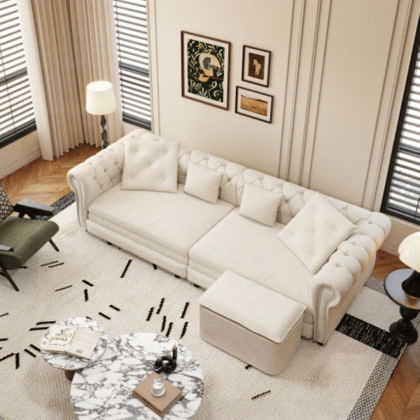 English Elm Chesterfield Velvet Sleeper Sofa Tufted 3 Seat Convertible Bed with Movable Ottoman Beige+White W1885S00441