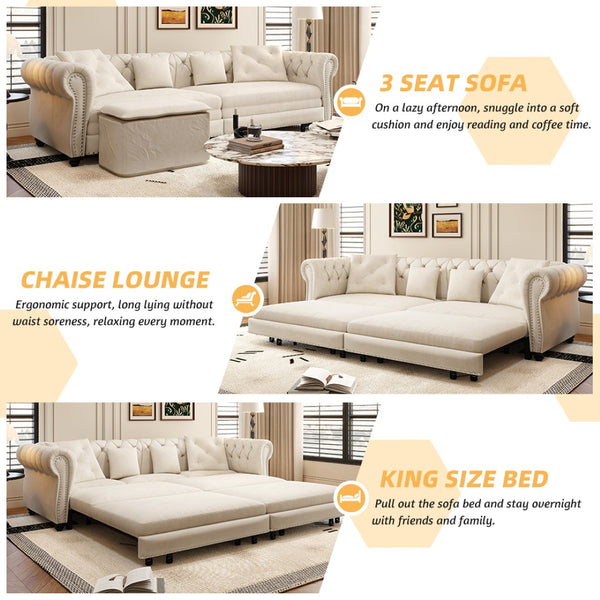 English Elm Chesterfield Velvet Sleeper Sofa Tufted 3 Seat Convertible Bed with Movable Ottoman Beige+White W1885S00441