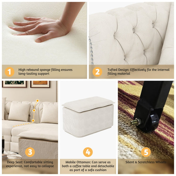 English Elm Chesterfield Velvet Sleeper Sofa Tufted 3 Seat Convertible Bed with Movable Ottoman Beige+White W1885S00441