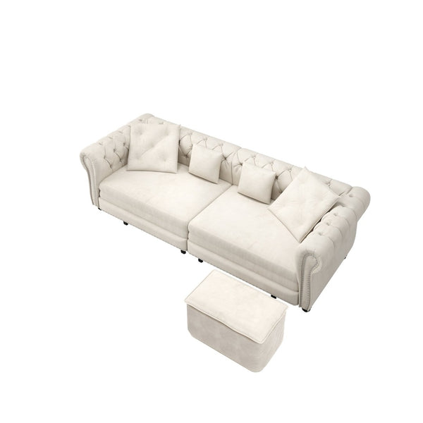 English Elm Chesterfield Velvet Sleeper Sofa Tufted 3 Seat Convertible Bed with Movable Ottoman Beige+White W1885S00441
