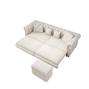 English Elm Chesterfield Velvet Sleeper Sofa Tufted 3 Seat Convertible Bed with Movable Ottoman Beige+White W1885S00441