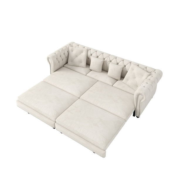 English Elm Chesterfield Velvet Sleeper Sofa Tufted 3 Seat Convertible Bed with Movable Ottoman Beige+White W1885S00441